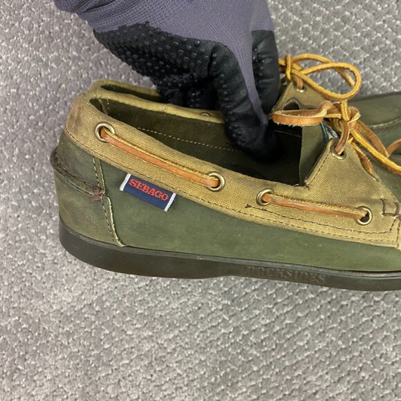 Filson Segago Docksides Shoes Mens 8 W Brown Green Boat Leather Canvas Tin Cloth - Picture 2 of 15